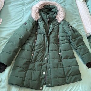 Nautica Forest Green Puffer Jacket with Faux Fur Hood